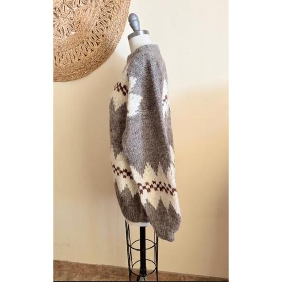 Vintage Wool Nordic Knit Sweater Gray White Brown Unisex L/XL Handmade Cozy - Picture 3 of 4